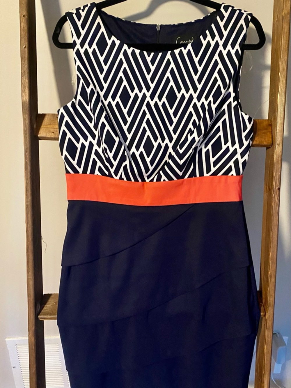 connected apparel Navy & White Geometric Midi Dress with Coral Band